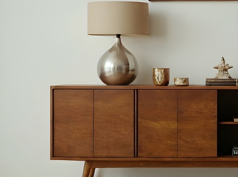 Lampadaire moderne base métal argenté et abat-jour beige sur buffet en bois de teck style mid-century avec objets décoratifs.