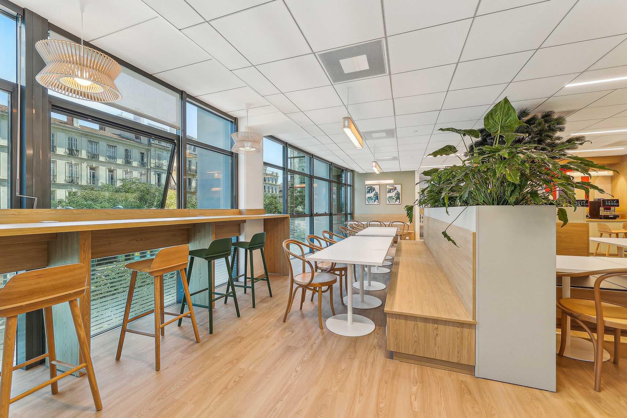 Espace de coworking moderne avec bar en bois, chaises design et plantes vertes devant de grandes fenêtres lumineuses.