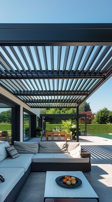 Pergola bioclimatique moderne avec lames orientables créant des ombres sur un salon extérieur contemporain et une terrasse près d'une piscine.